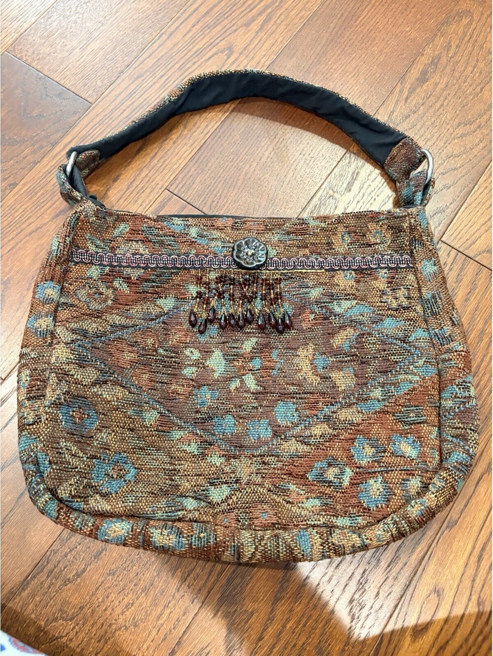 Vtg Faye Fisher Floral Tapestry Shoulder Bag Made in USA Boho Renaissance Beaded